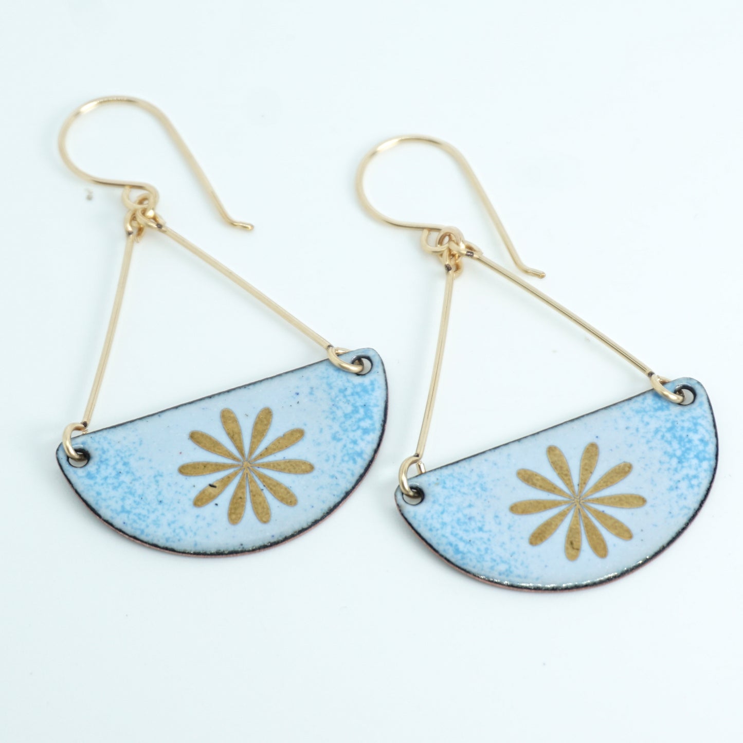 Gold Flowers on Light Blue Enamel Statement Earrings