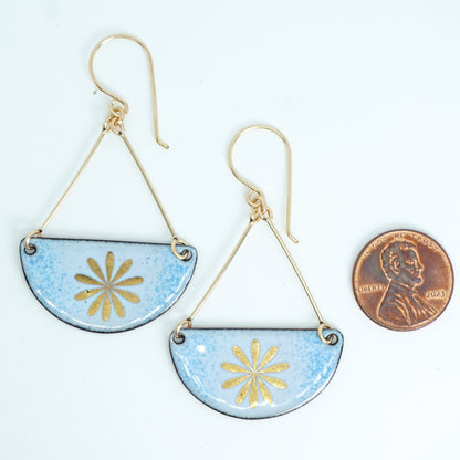 Gold Flowers on Light Blue Enamel Statement Earrings