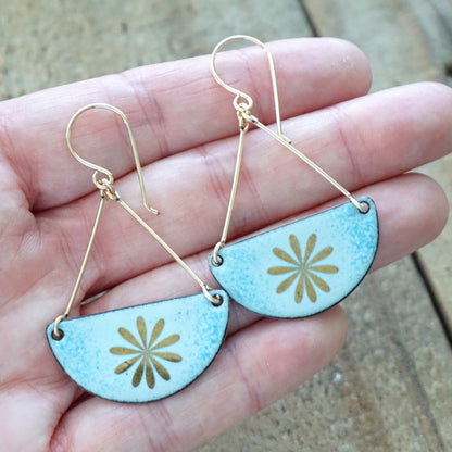 Gold Flowers on Light Blue Enamel Statement Earrings