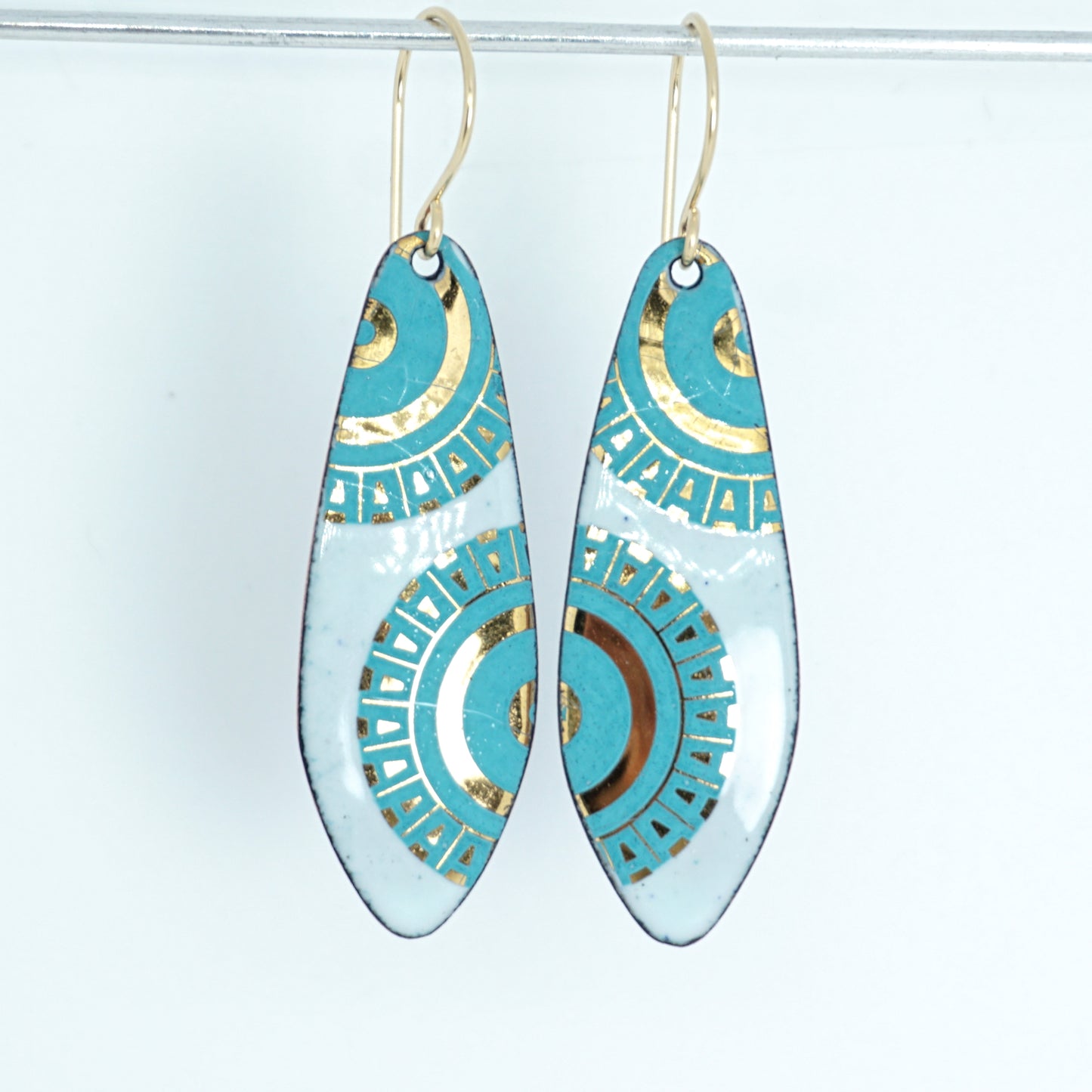 Gold and Teal Green Accents on Light Seafoam Green Enamel Teardrop Earrings