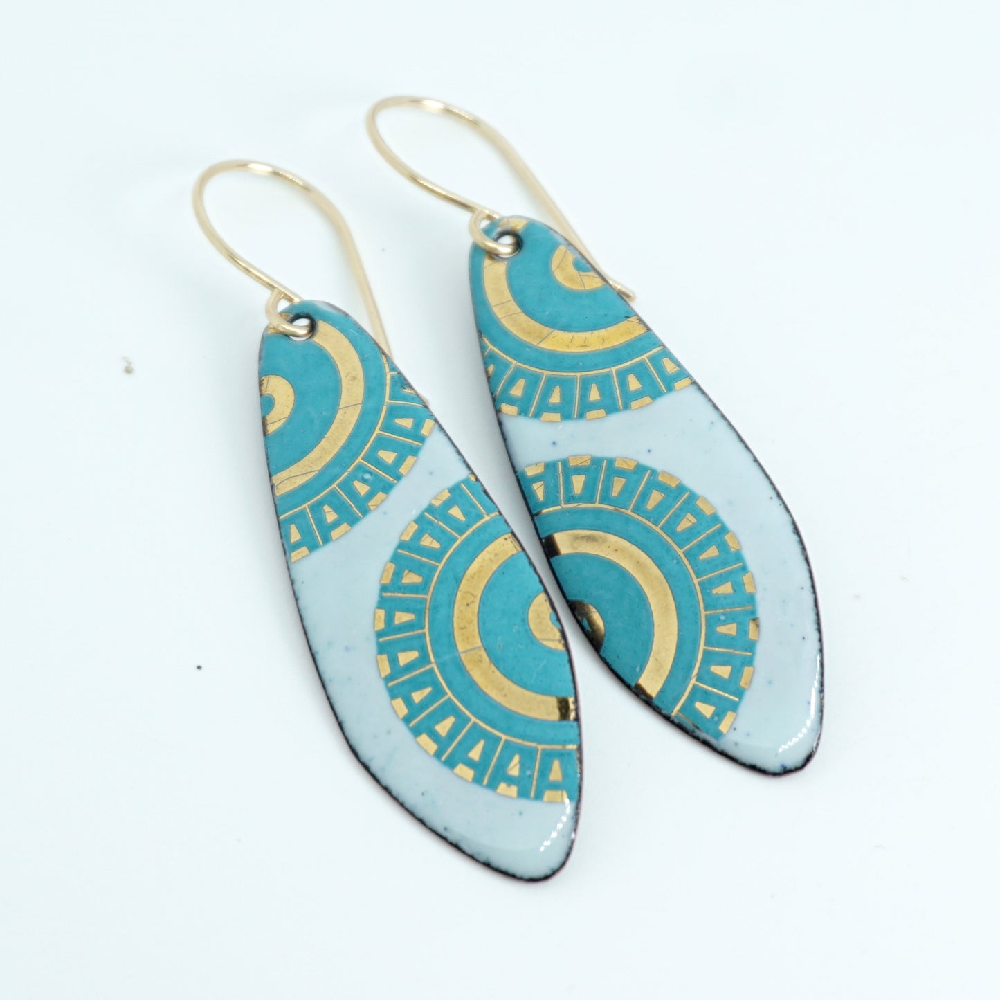 Gold and Teal Green Accents on Light Seafoam Green Enamel Teardrop Earrings