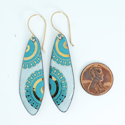 Gold and Teal Green Accents on Light Seafoam Green Enamel Teardrop Earrings