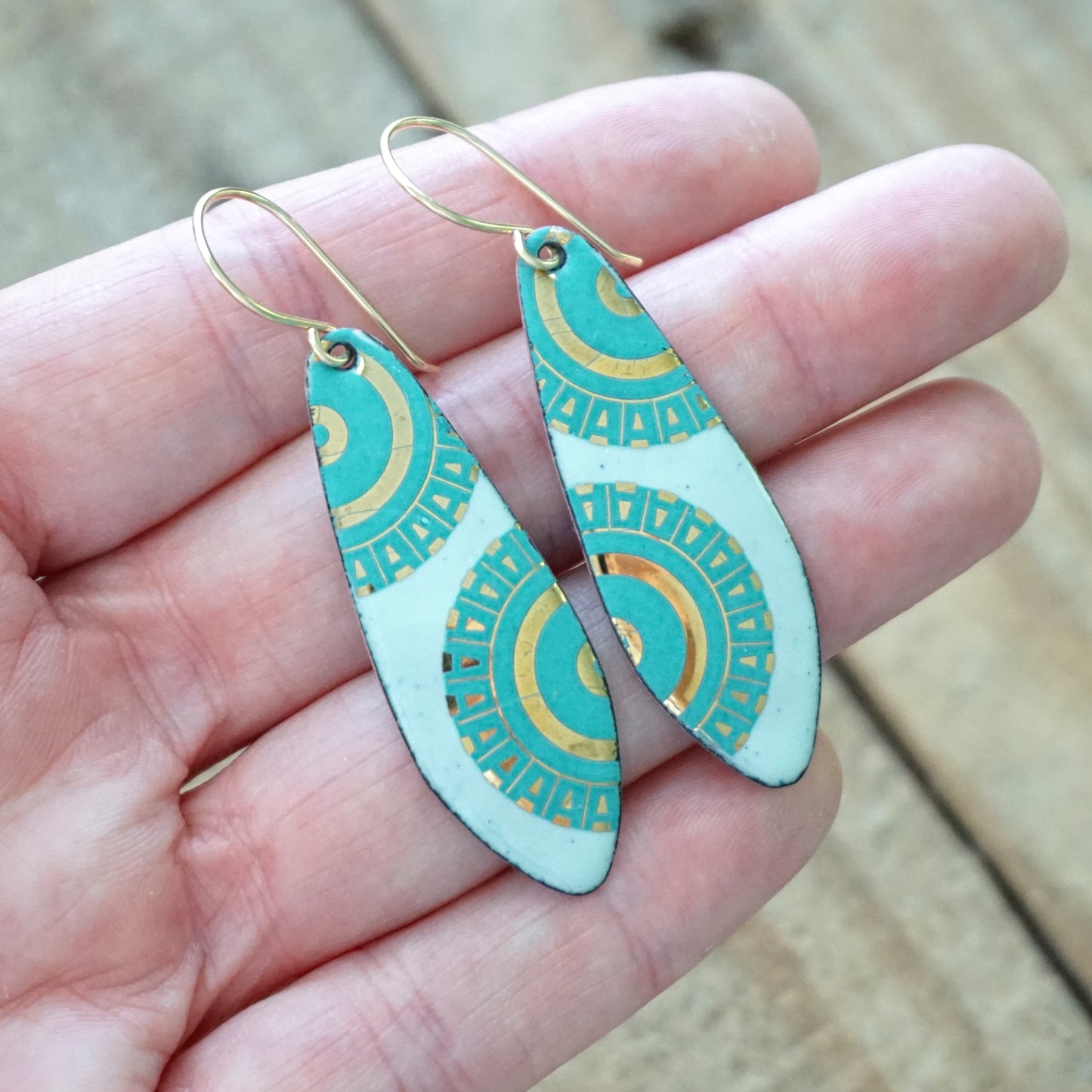 Gold and Teal Green Accents on Light Seafoam Green Enamel Teardrop Earrings