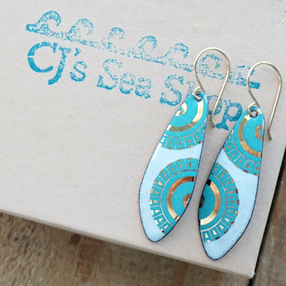 Gold and Teal Green Accents on Light Seafoam Green Enamel Teardrop Earrings