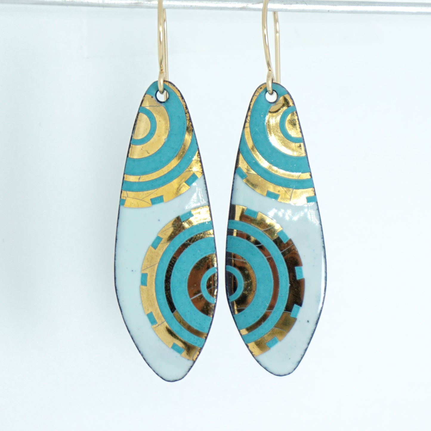 Gold and Teal Green Accents on Light Seafoam Green Enamel Teardrop Earrings