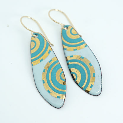 Gold and Teal Green Accents on Light Seafoam Green Enamel Teardrop Earrings