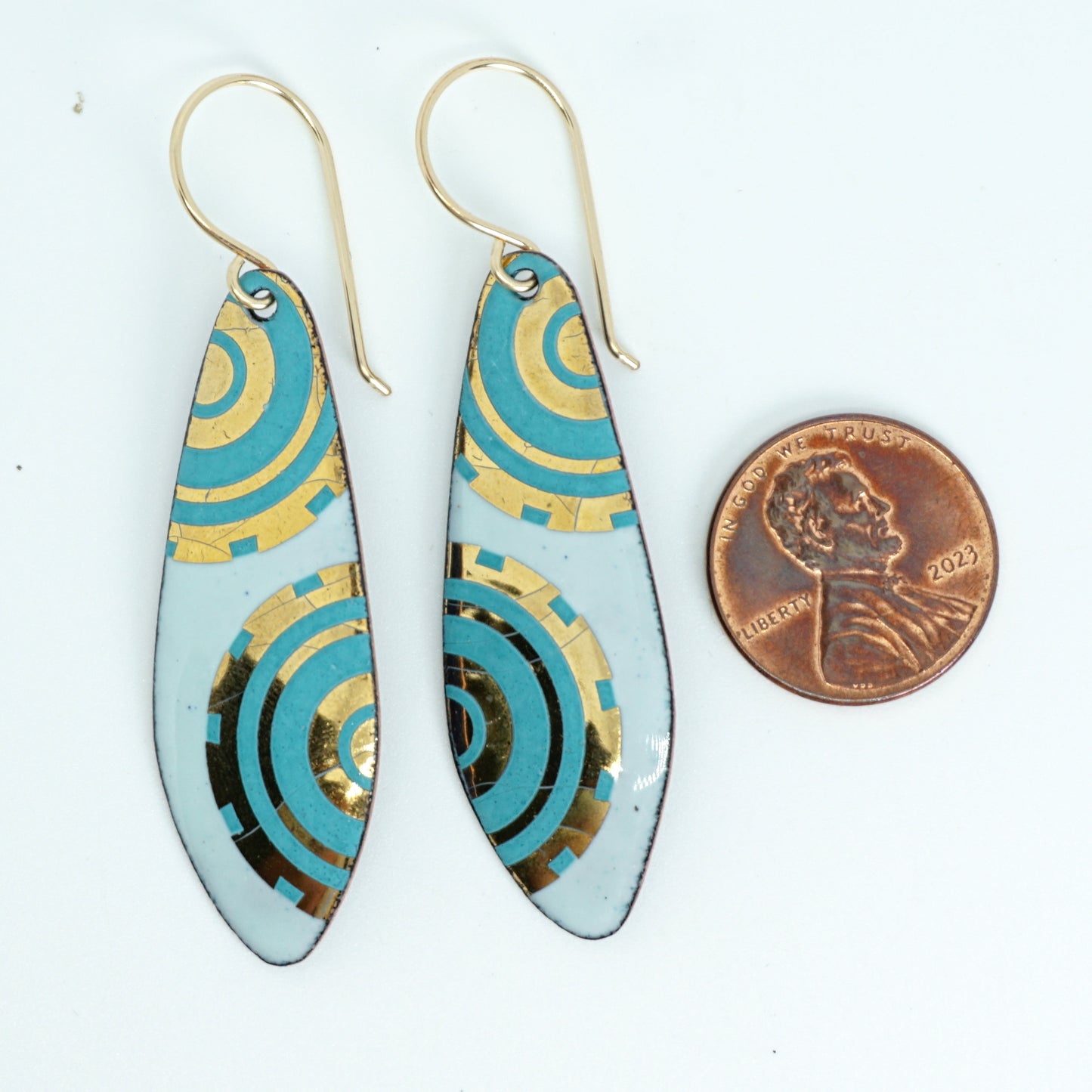 Gold and Teal Green Accents on Light Seafoam Green Enamel Teardrop Earrings