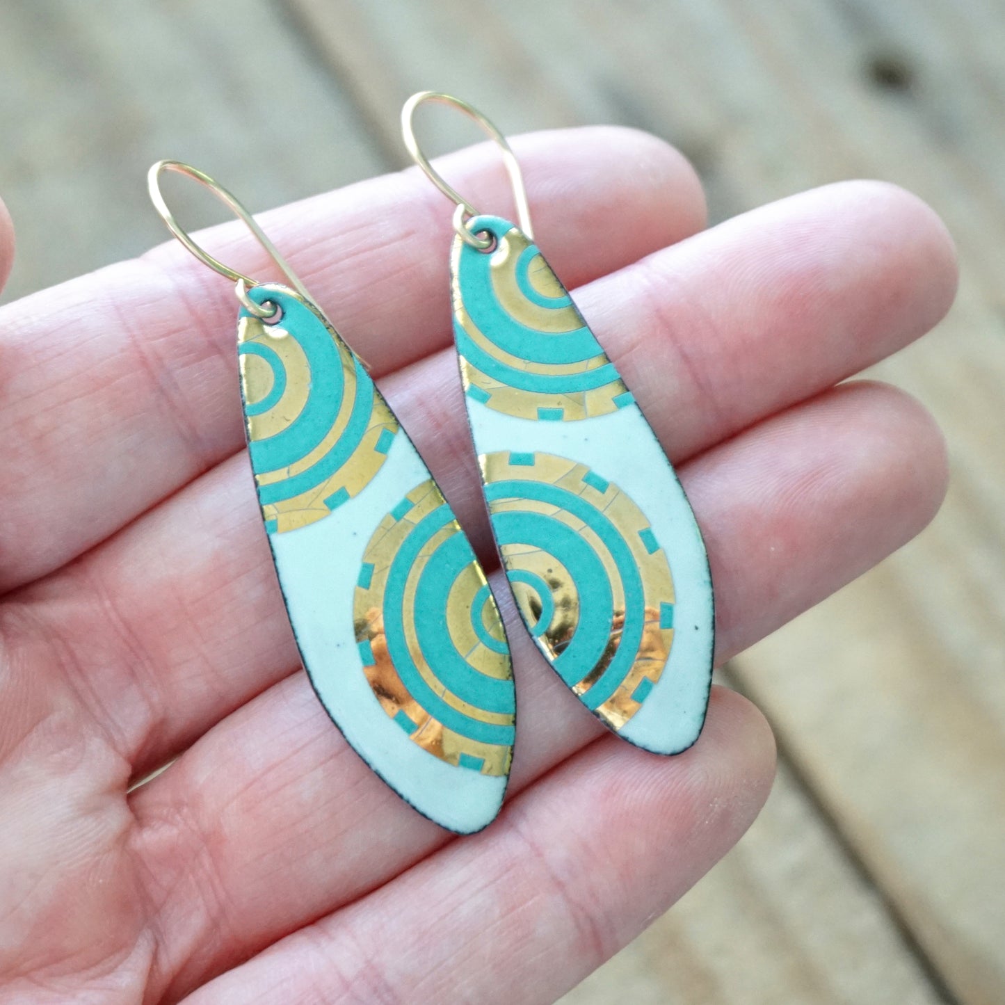 Gold and Teal Green Accents on Light Seafoam Green Enamel Teardrop Earrings