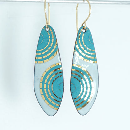 Gold and Teal Green Accents on Light Seafoam Green Enamel Teardrop Earrings