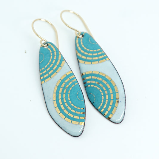 Gold and Teal Green Accents on Light Seafoam Green Enamel Teardrop Earrings