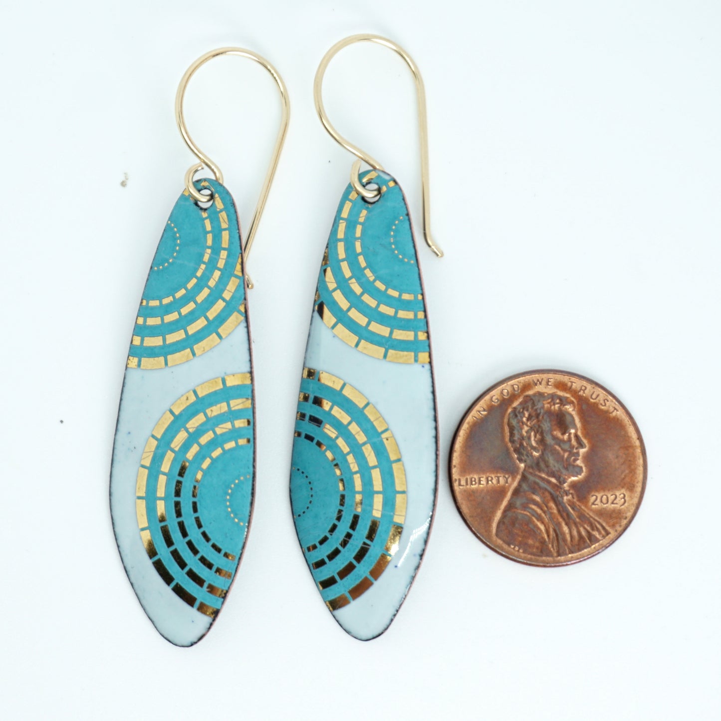 Gold and Teal Green Accents on Light Seafoam Green Enamel Teardrop Earrings