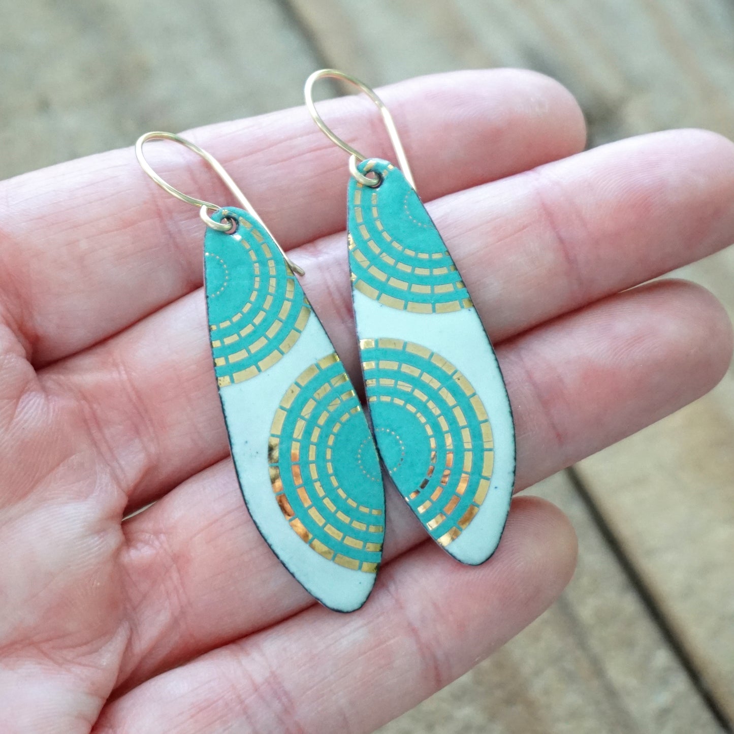 Gold and Teal Green Accents on Light Seafoam Green Enamel Teardrop Earrings