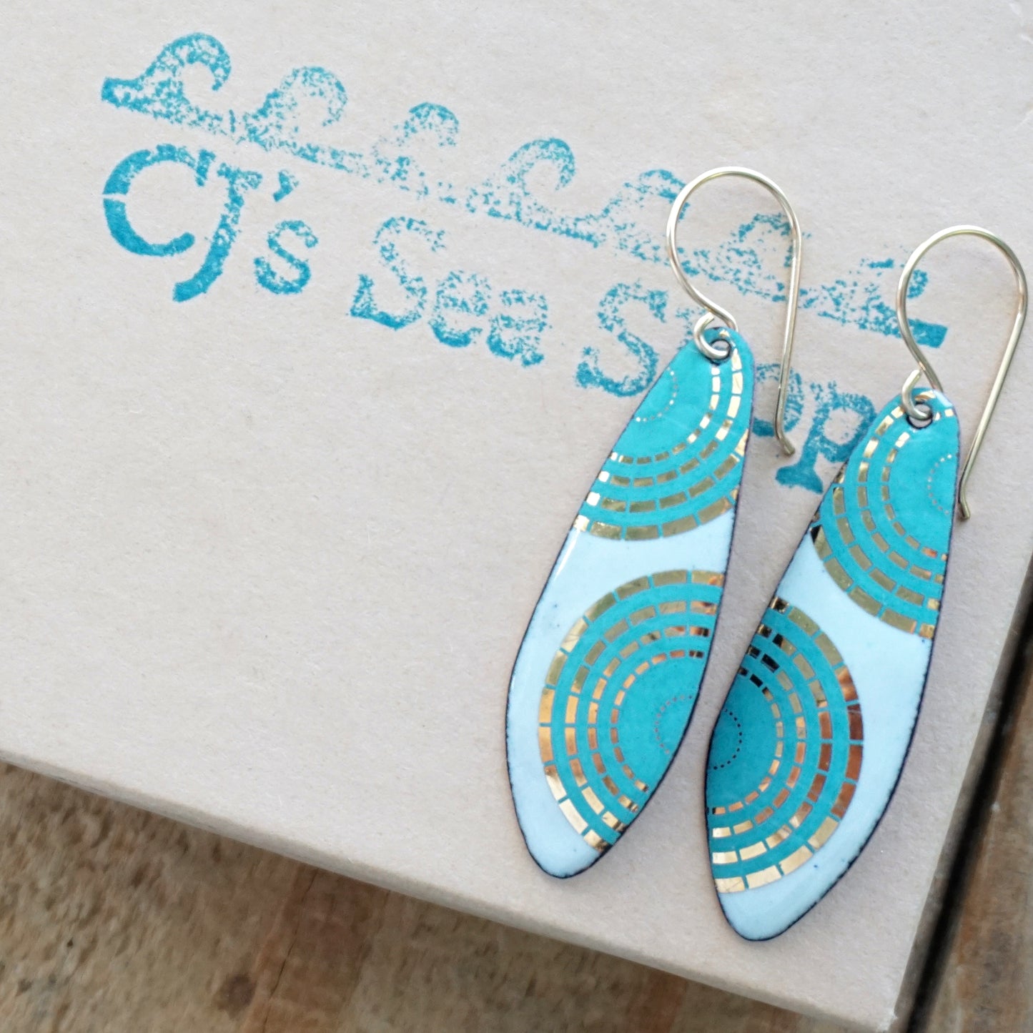 Gold and Teal Green Accents on Light Seafoam Green Enamel Teardrop Earrings