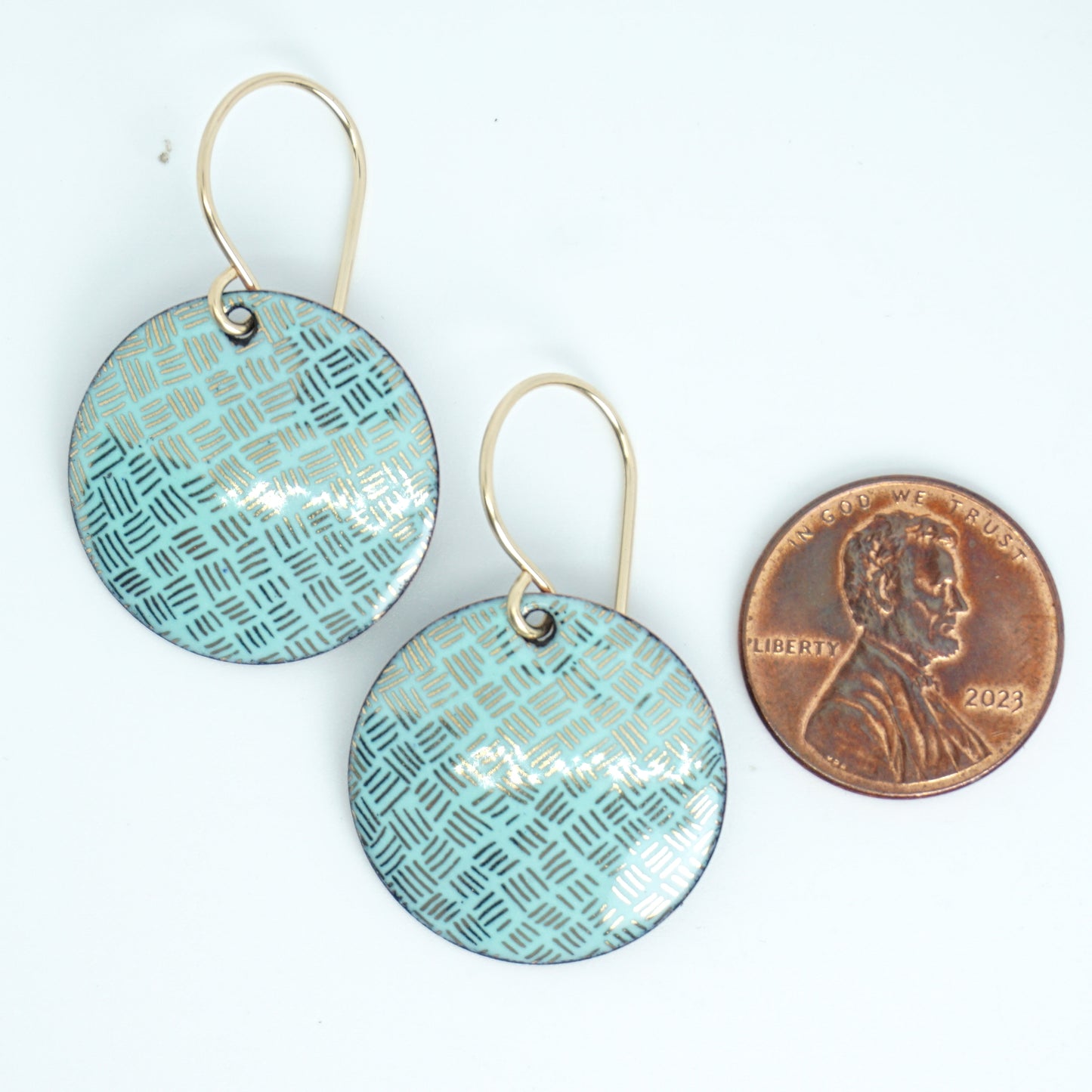 Gold Accents on Seafoam Green Enamel Disc Earrings