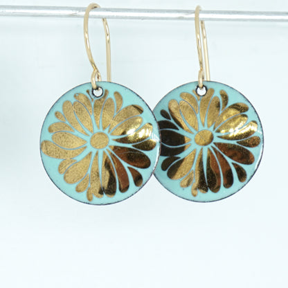 Gold Flowers on Seafoam Green Enamel Disc Earrings