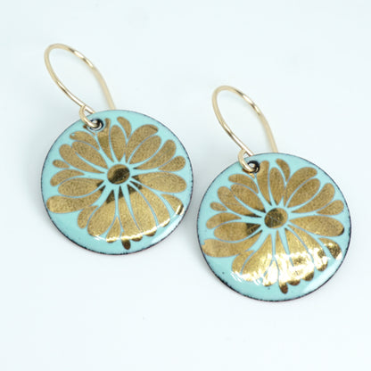 Gold Flowers on Seafoam Green Enamel Disc Earrings