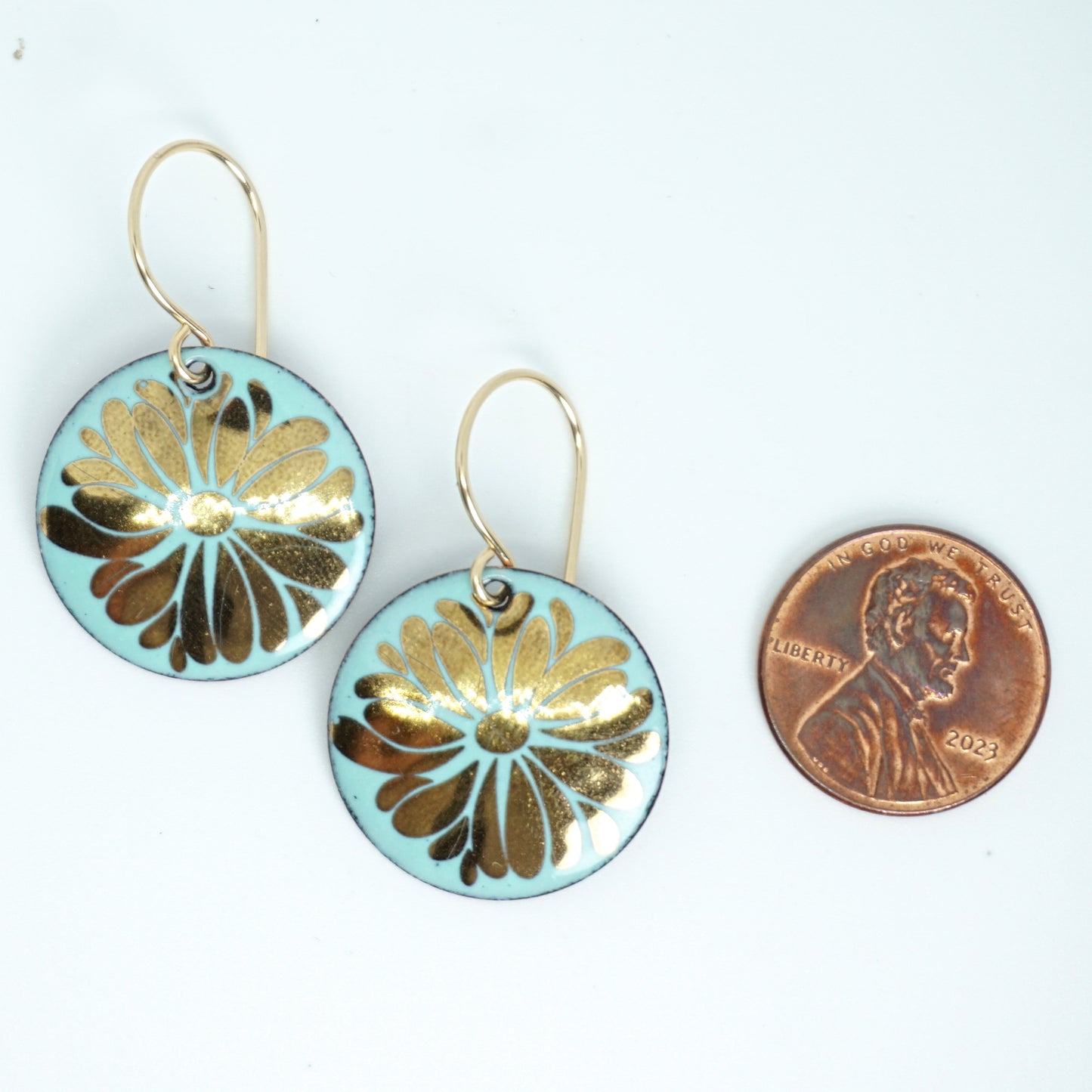 Gold Flowers on Seafoam Green Enamel Disc Earrings