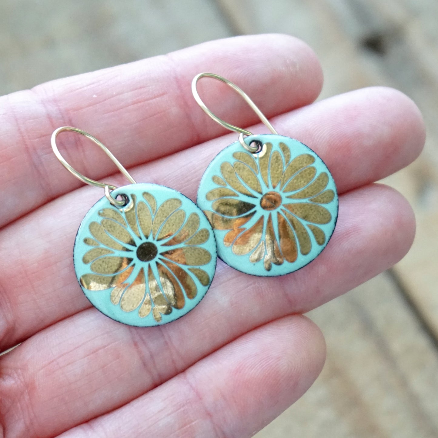 Gold Flowers on Seafoam Green Enamel Disc Earrings