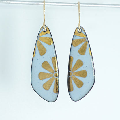 Gold Flowers on Light Blue Enamel Teardrop Earrings