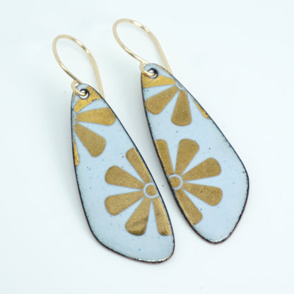 Gold Flowers on Light Blue Enamel Teardrop Earrings