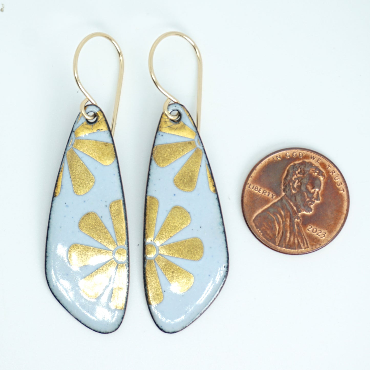 Gold Flowers on Light Blue Enamel Teardrop Earrings