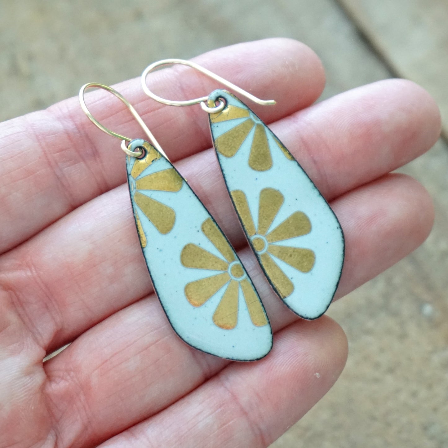 Gold Flowers on Light Blue Enamel Teardrop Earrings