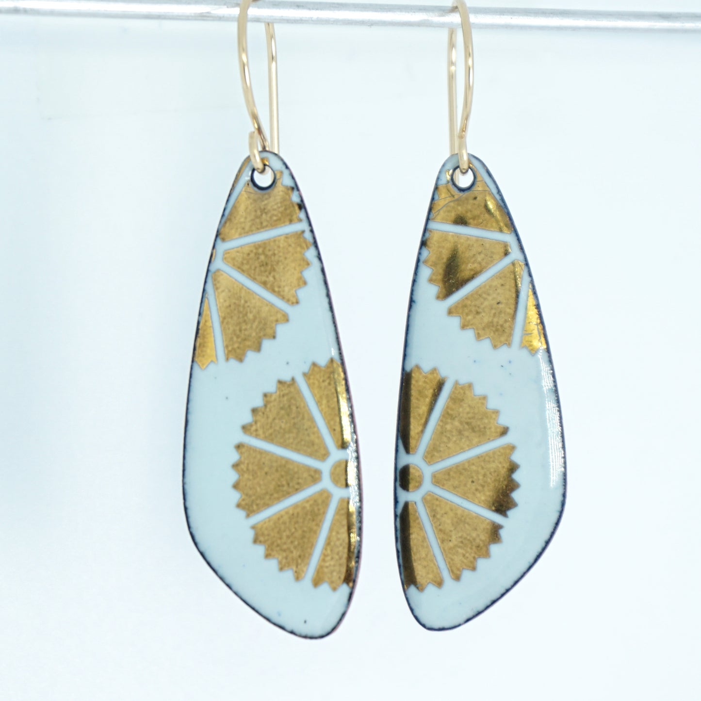 Gold Flowers on Light Seafoam Green Enamel Teardrop Earrings