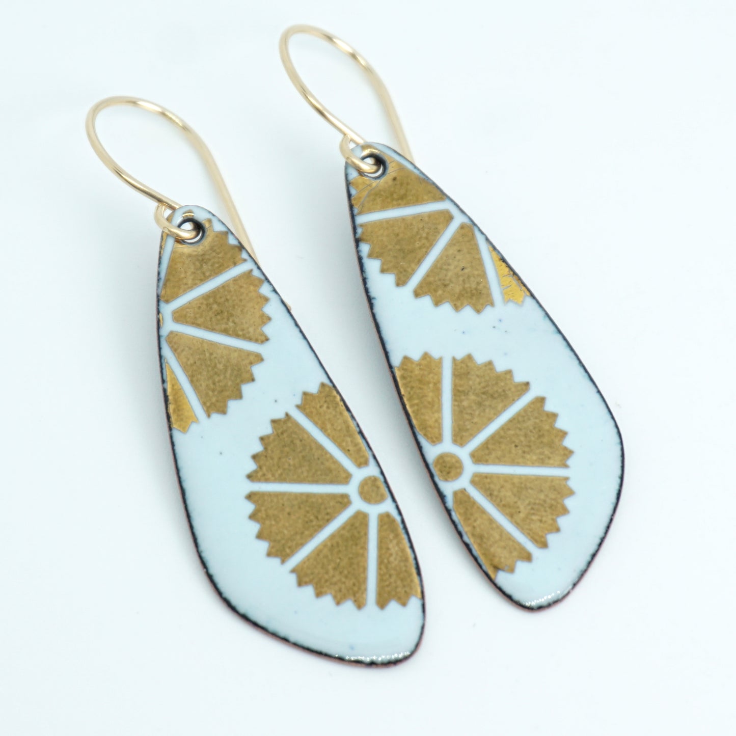 Gold Flowers on Light Seafoam Green Enamel Teardrop Earrings