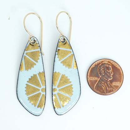 Gold Flowers on Light Seafoam Green Enamel Teardrop Earrings