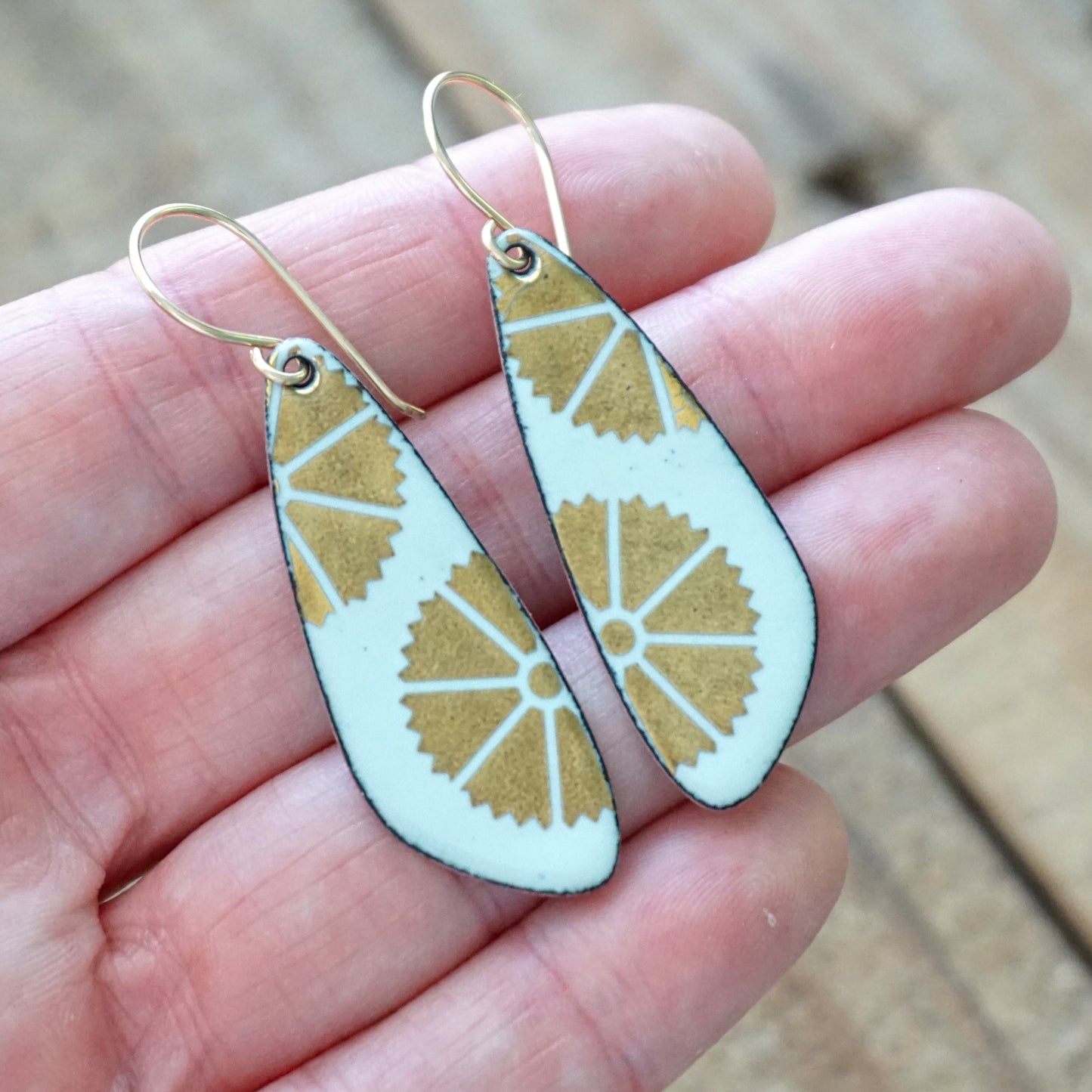 Gold Flowers on Light Seafoam Green Enamel Teardrop Earrings