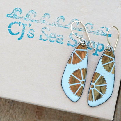 Gold Flowers on Light Seafoam Green Enamel Teardrop Earrings