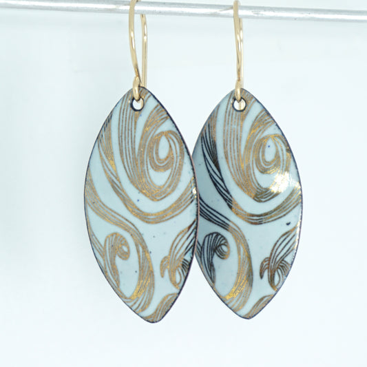 Gold Swirls on Light Seafoam Green Marquis Enamel Earrings