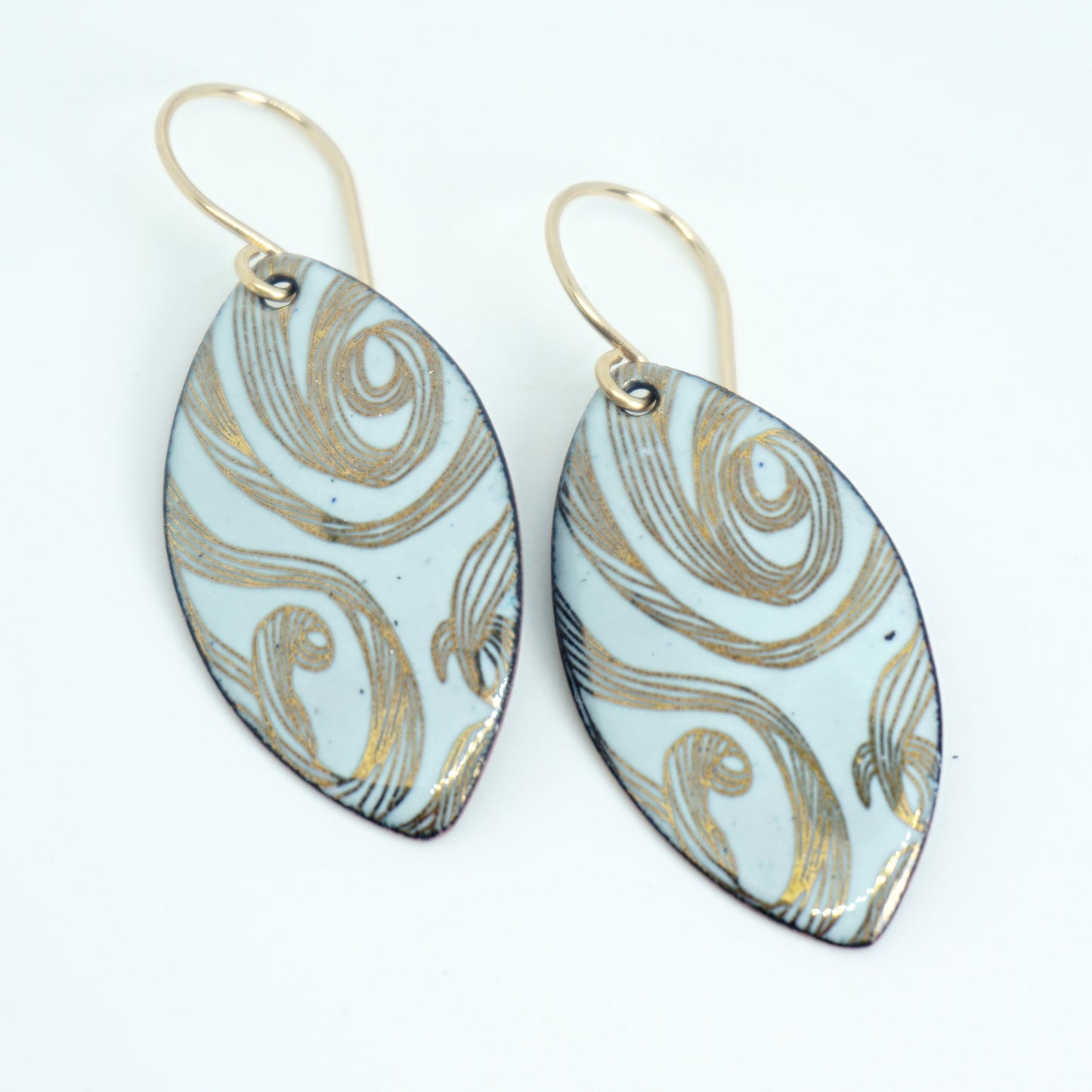 Gold Swirls on Light Seafoam Green Marquis Enamel Earrings