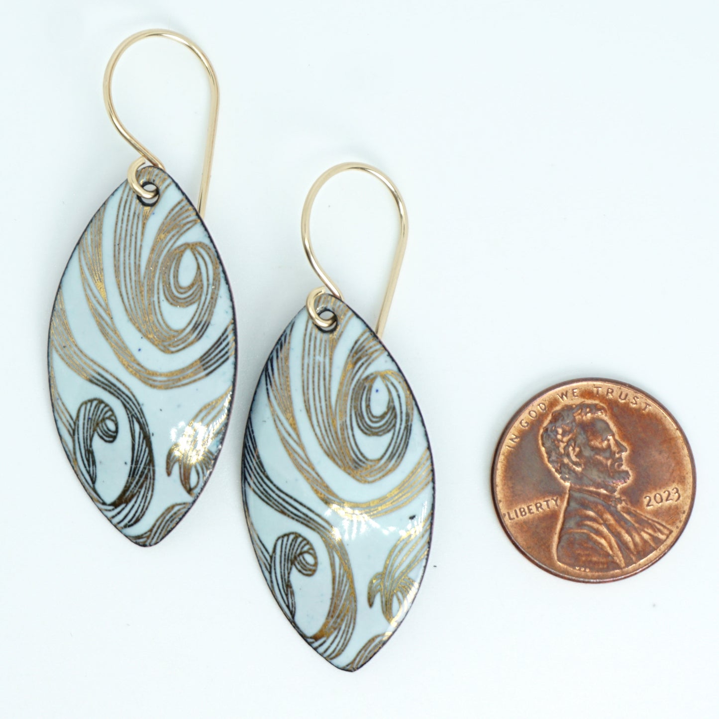 Gold Swirls on Light Seafoam Green Marquis Enamel Earrings