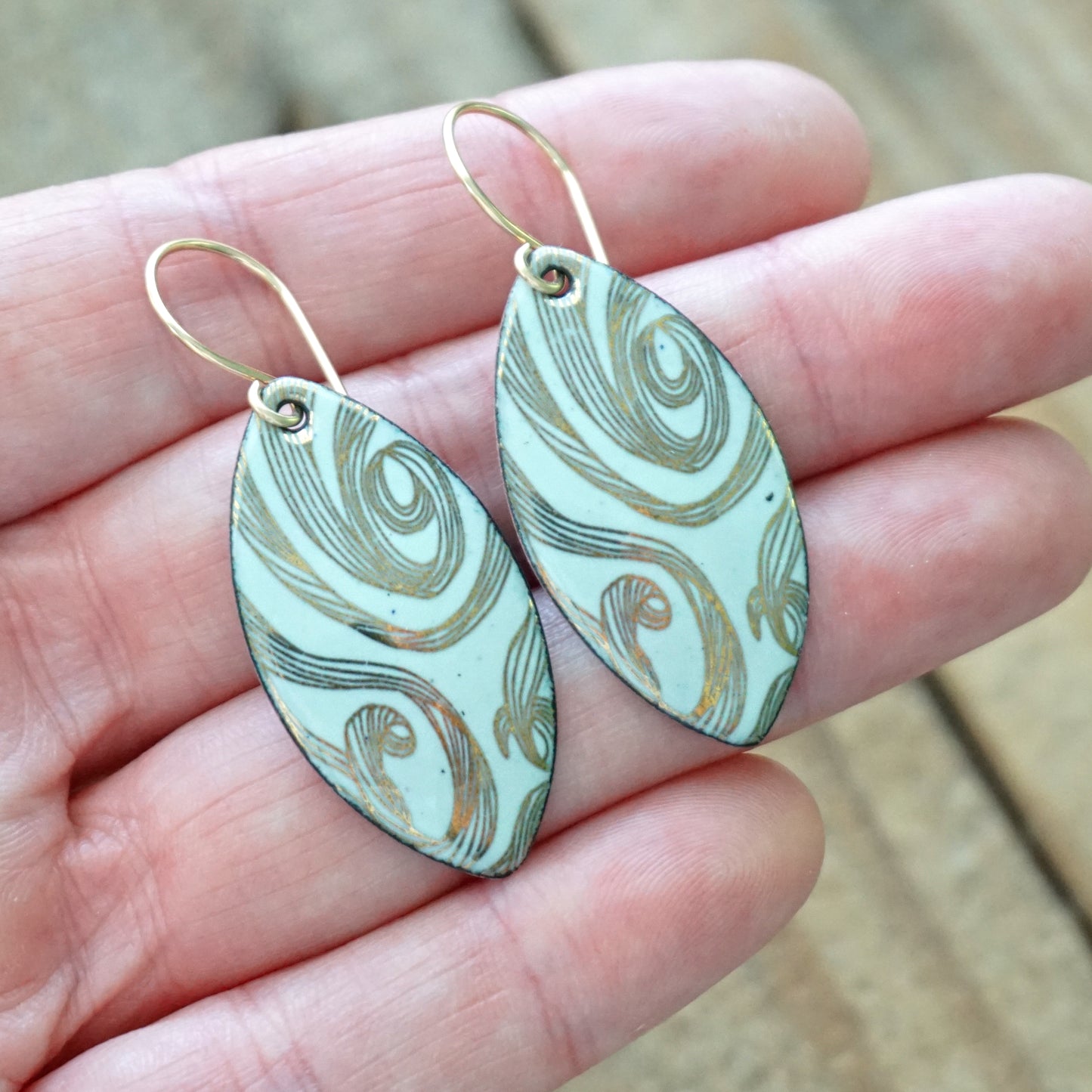 Gold Swirls on Light Seafoam Green Marquis Enamel Earrings