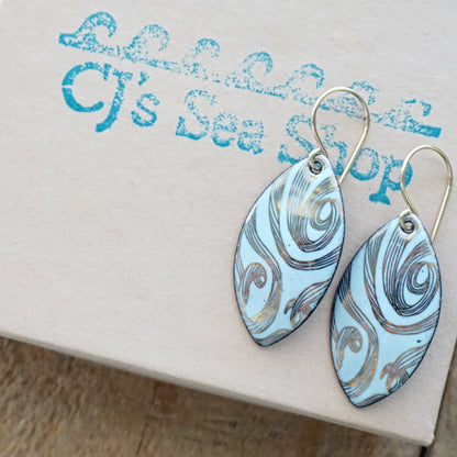 Gold Swirls on Light Seafoam Green Marquis Enamel Earrings