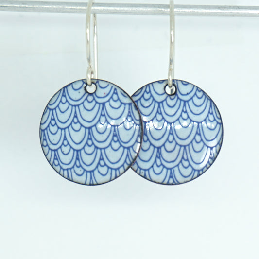 Blue Mermaid Scale Accents on Light Blue Enamel Disc Earrings