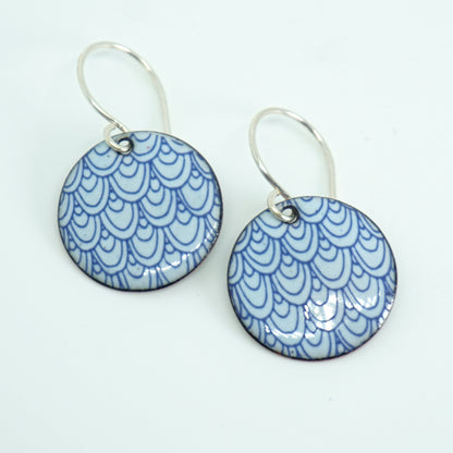 Blue Mermaid Scale Accents on Light Blue Enamel Disc Earrings