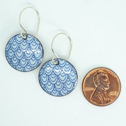 Blue Mermaid Scale Accents on Light Blue Enamel Disc Earrings