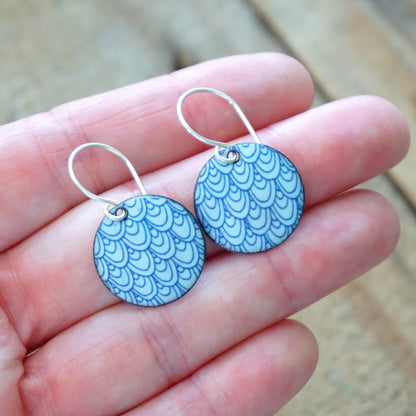 Blue Mermaid Scale Accents on Light Blue Enamel Disc Earrings