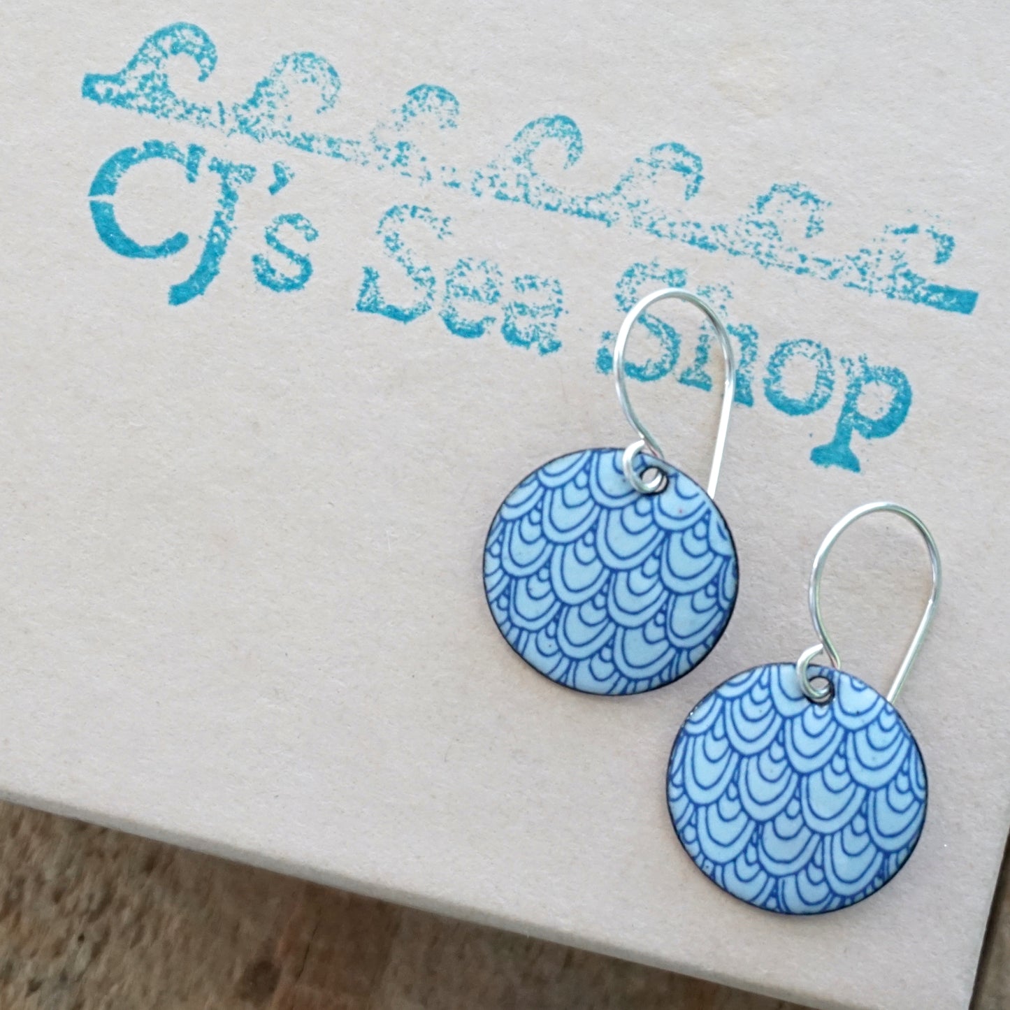 Blue Mermaid Scale Accents on Light Blue Enamel Disc Earrings