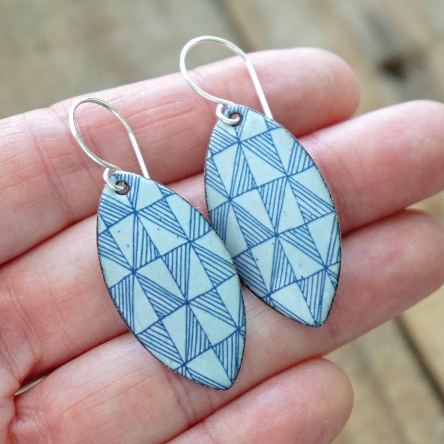 Blue Windmill Accents on Light Blue Enamel Marquis Earrings