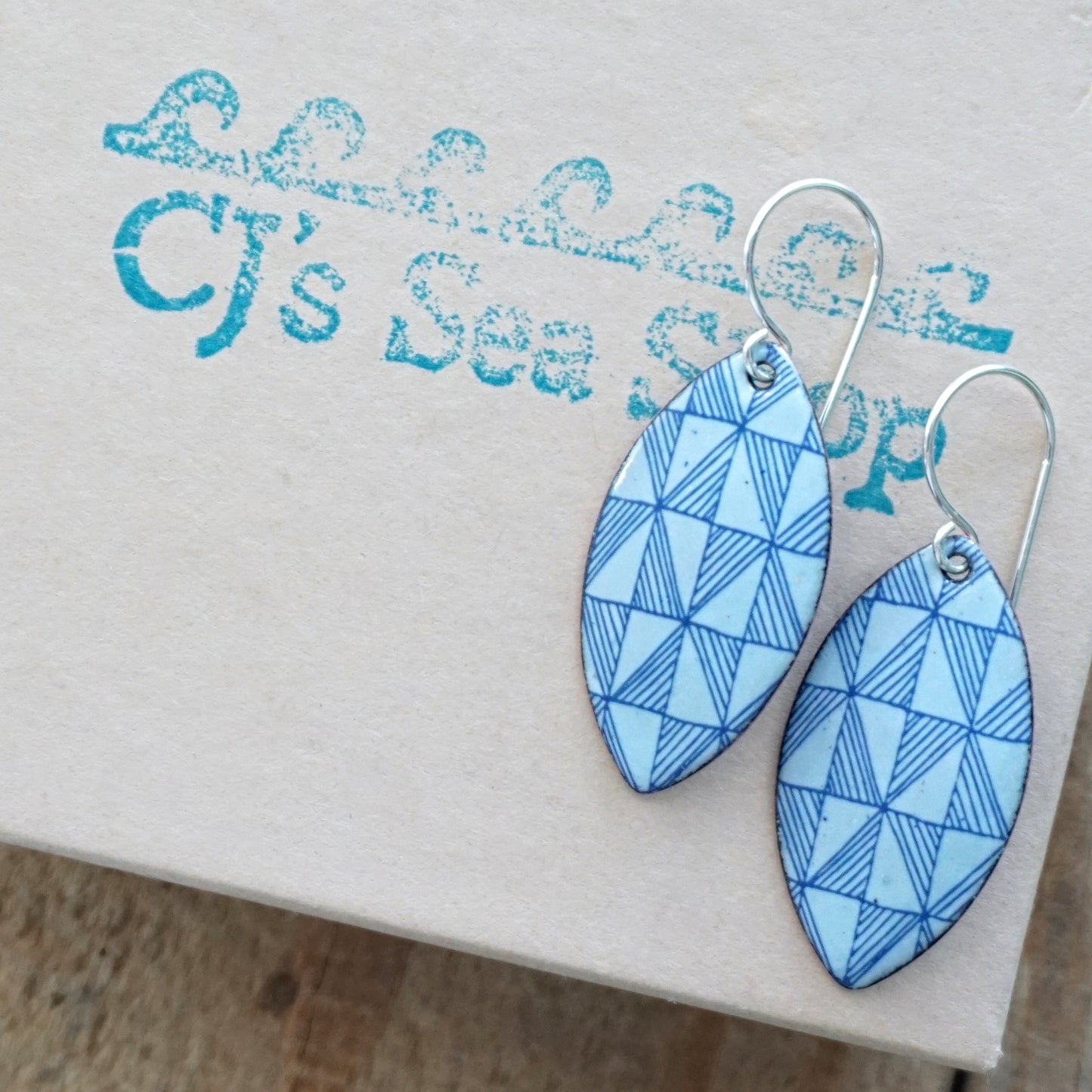 Blue Windmill Accents on Light Blue Enamel Marquis Earrings