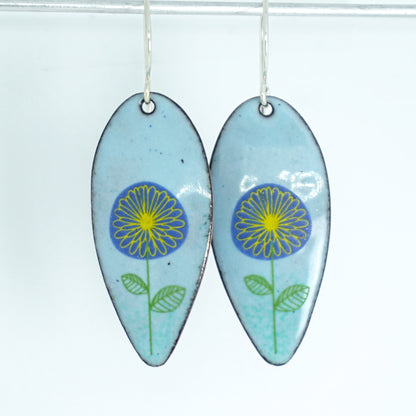 Blue and Yellow Daisies on Light Blue Enamel Teardrop Earrings