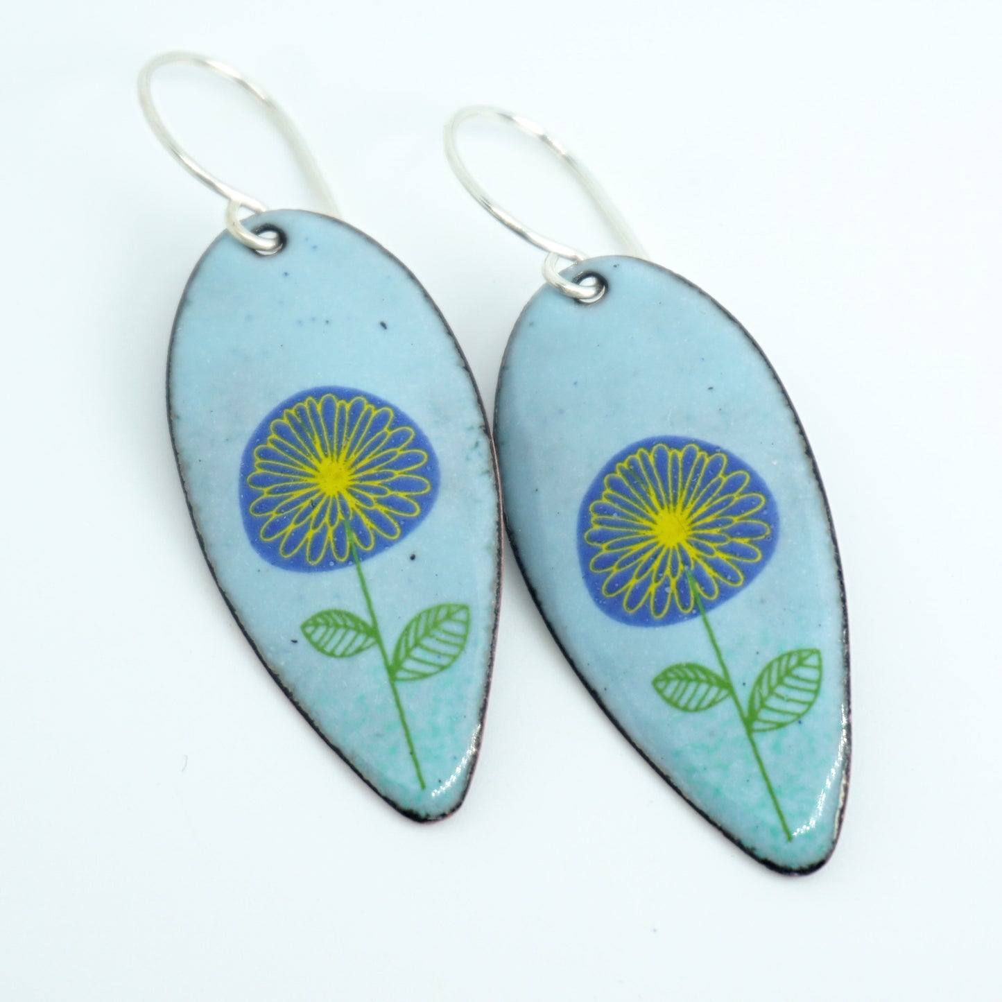 Blue and Yellow Daisies on Light Blue Enamel Teardrop Earrings