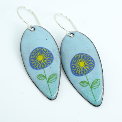 Blue and Yellow Daisies on Light Blue Enamel Teardrop Earrings