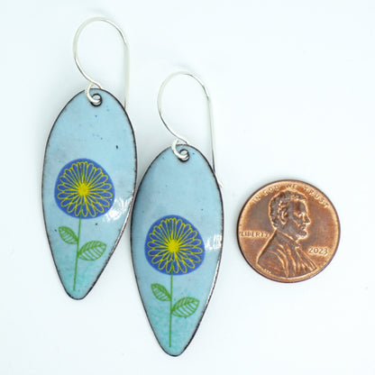 Blue and Yellow Daisies on Light Blue Enamel Teardrop Earrings