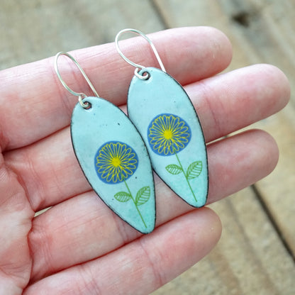 Blue and Yellow Daisies on Light Blue Enamel Teardrop Earrings