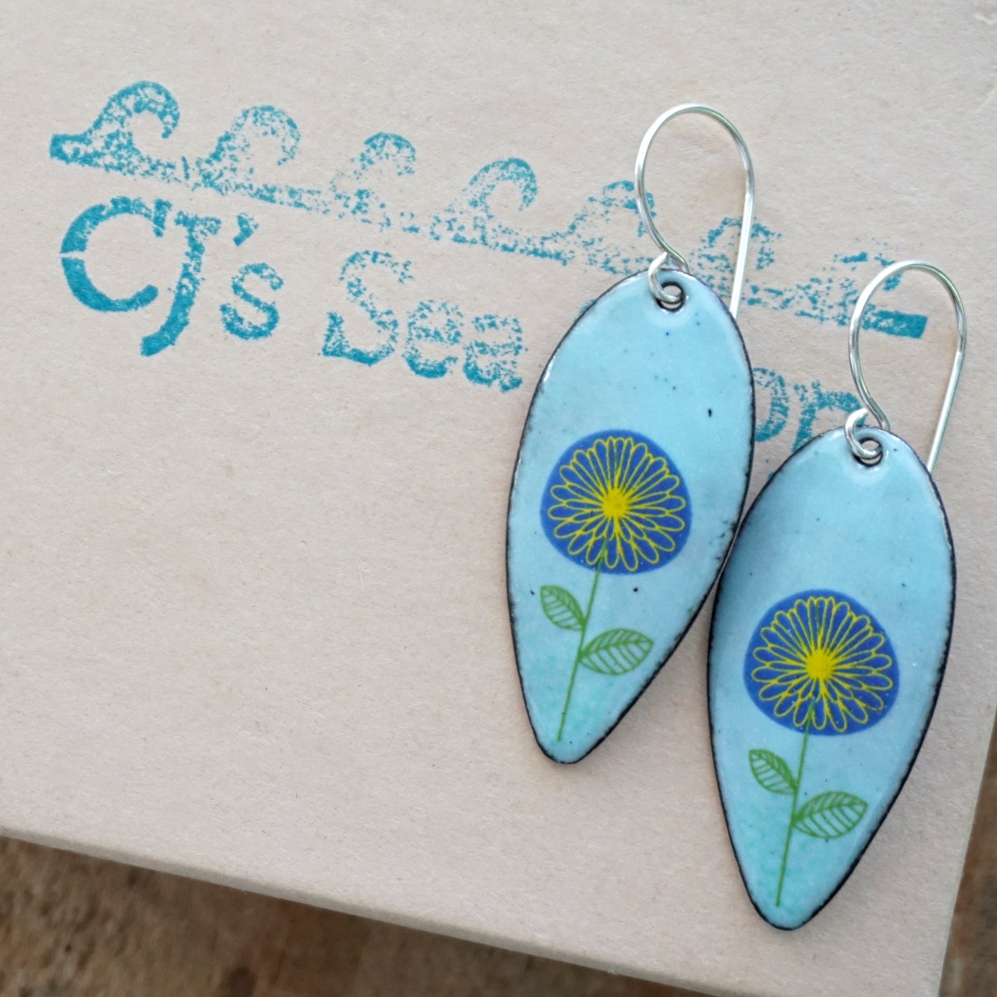 Blue and Yellow Daisies on Light Blue Enamel Teardrop Earrings