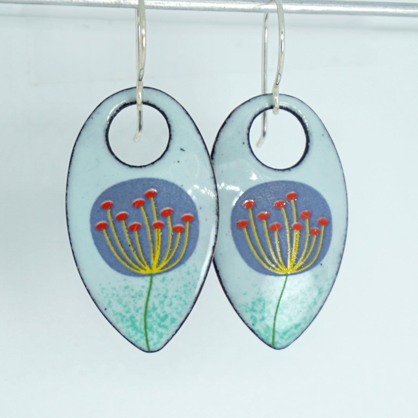 Purple and Yellow Dandelions on Light Seafoam Green Teardrop Earrings